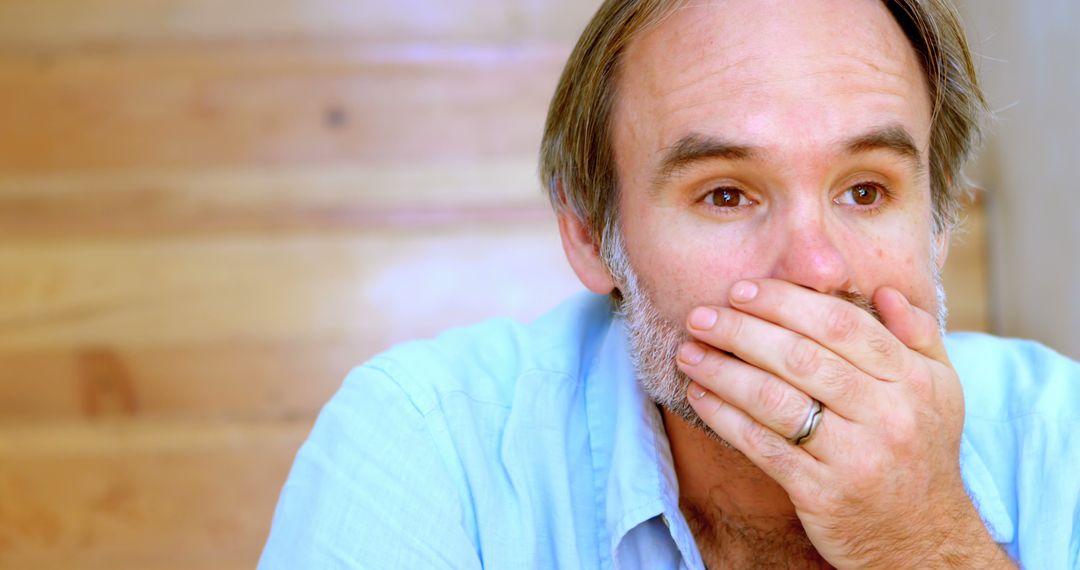 Middle-aged Man Covering Mouth in Surprise Wearing Light Blue Shirt - Free Images, Stock Photos and Pictures on Pikwizard.com