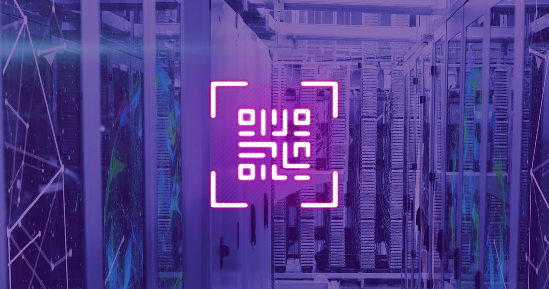 Neon QR Code Overlay in Futuristic Server Room
