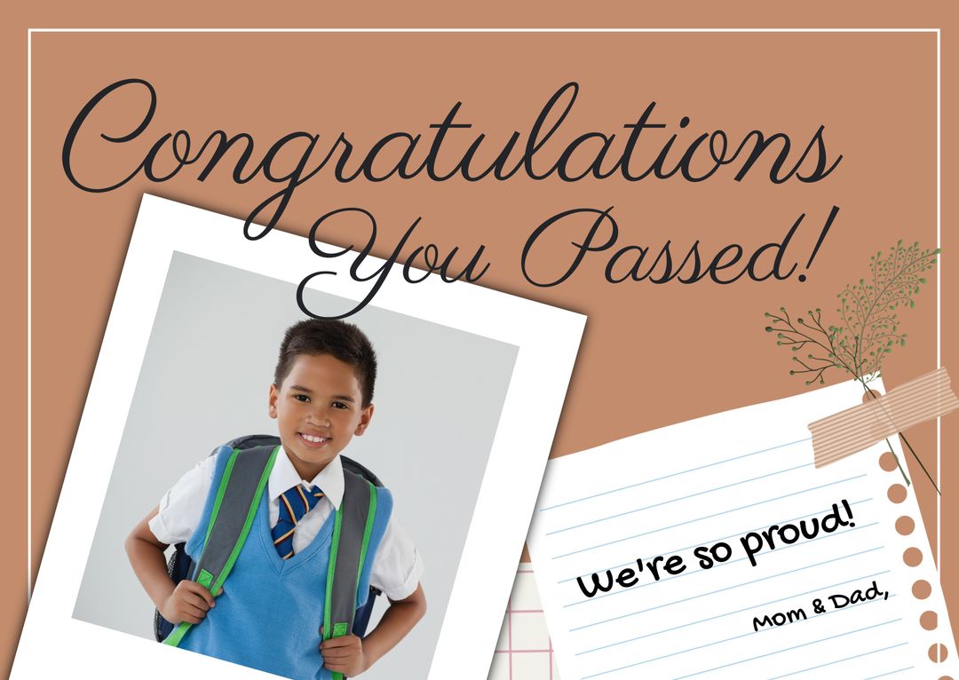 Schoolboy Celebrating Academic Success with Congratulatory Message