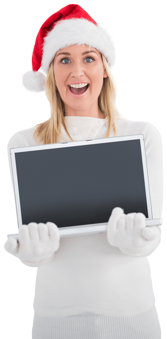 Woman in Santa Hat with Transparent Laptop Display
