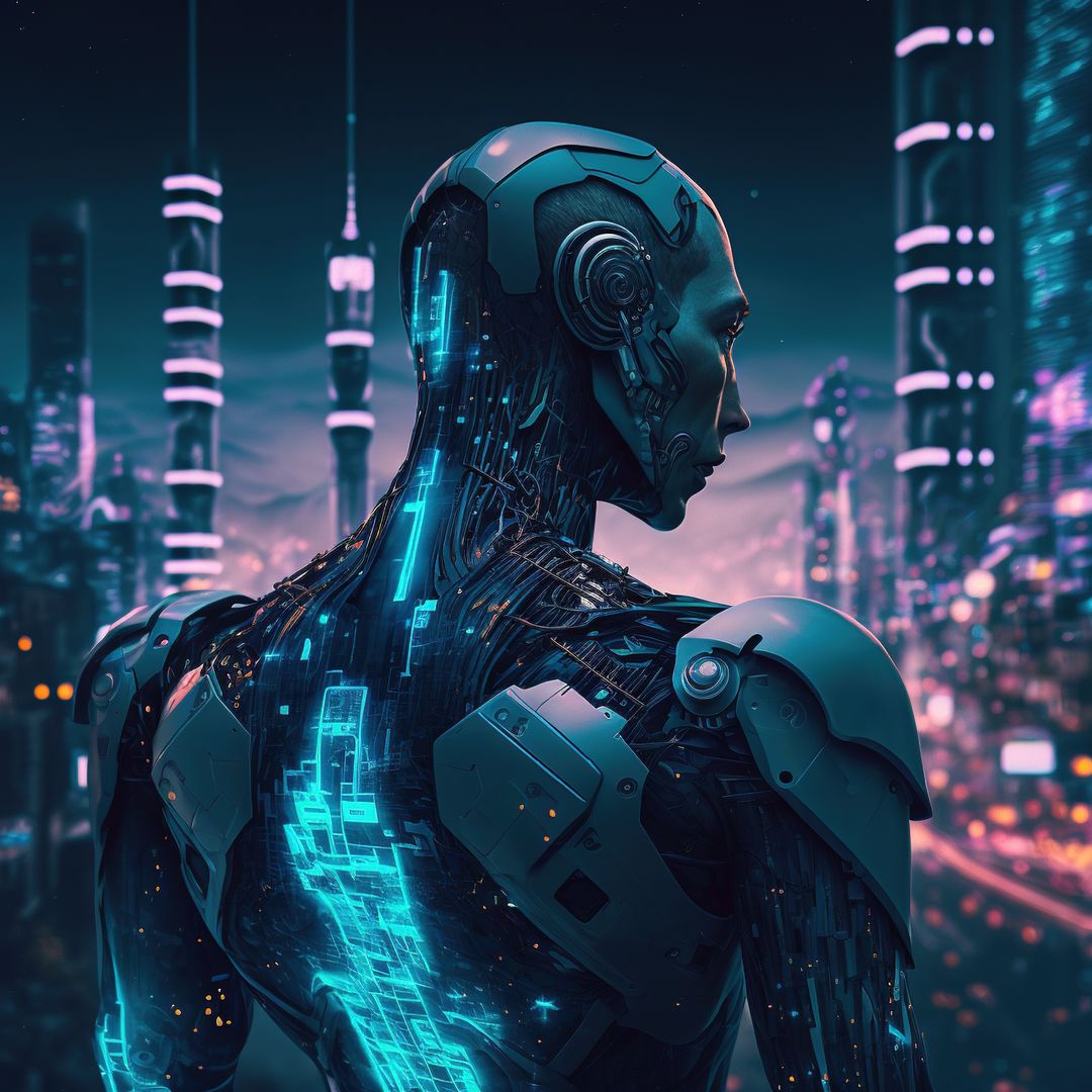 Futuristic Cyborg Overlooking Neon-Drenched Cityscape - Free Images, Stock Photos and Pictures on Pikwizard.com