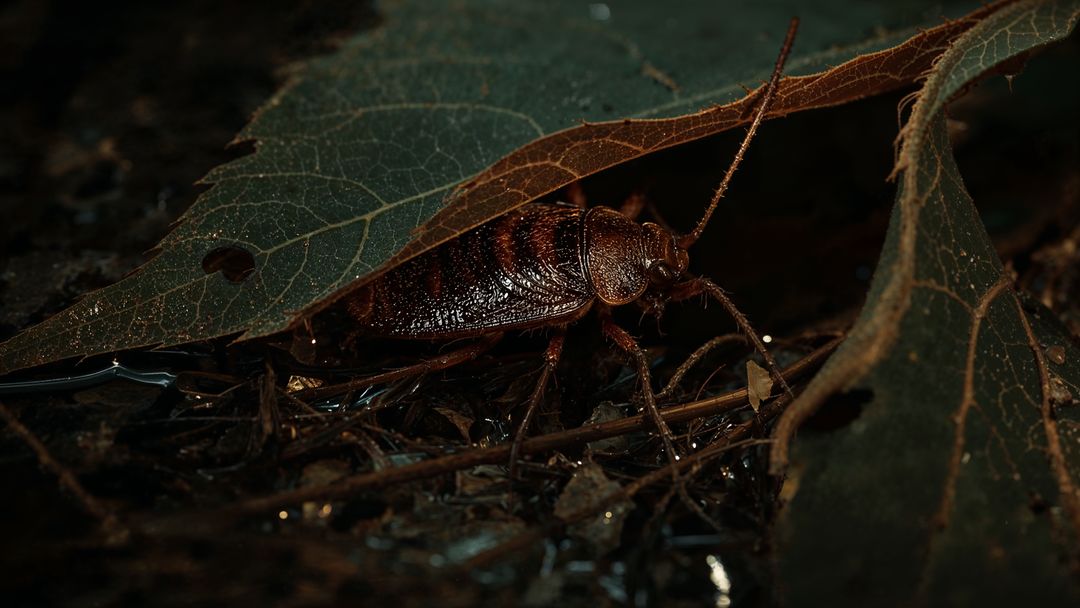 Glossy Cockroach Under Dry Oak Leaf in Forest Ecosystem Macro Scene