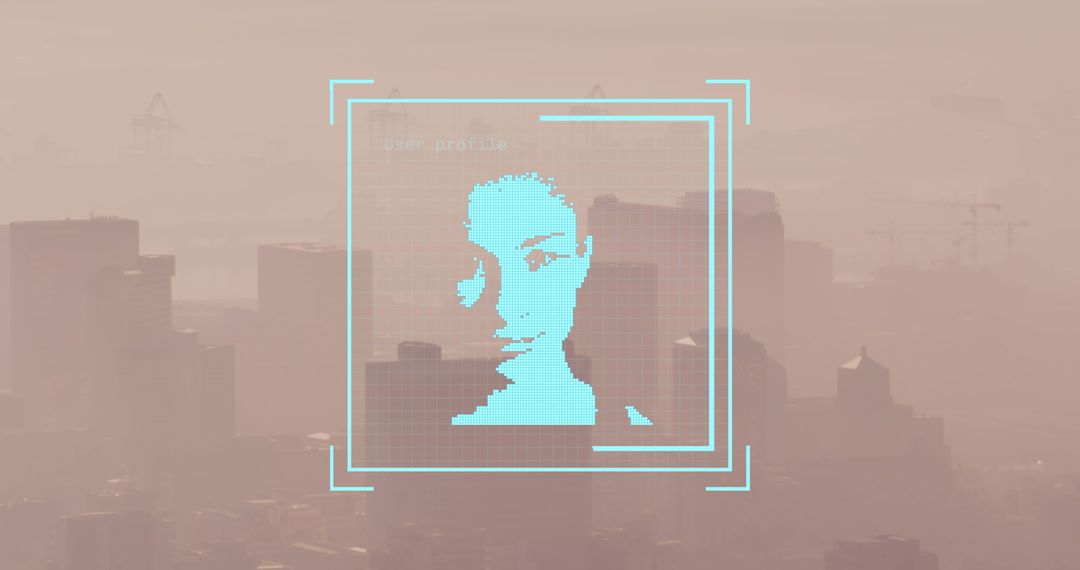 Facial Recognition Data Over City Skyline in Dystopian View