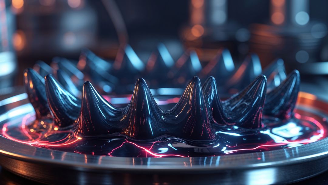 Ferrofluid Spikes in Magnetic Field with Neon LED Reflections