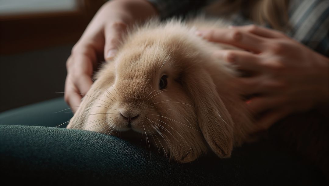 Lop-eared rabbit snuggling on lap, gentle hands petting soft fur in cozy home scene