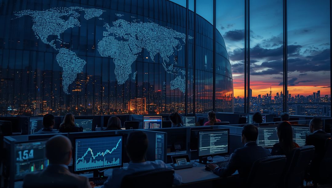 Finance Professionals Analyzing Global Markets in High-Tech Office