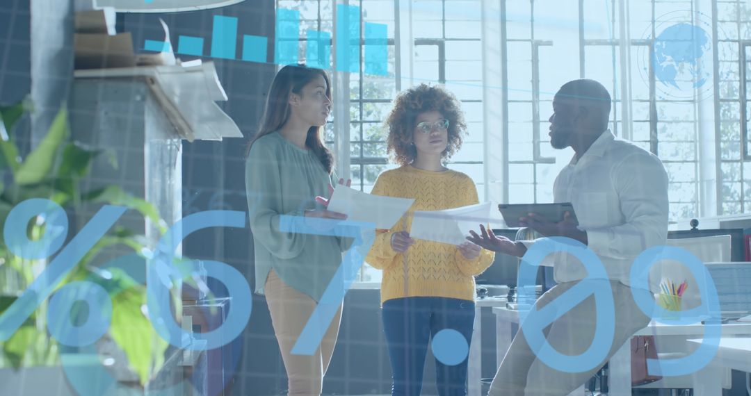 Diverse Team Discussing Casual Business in Office with Digital Data Overlay