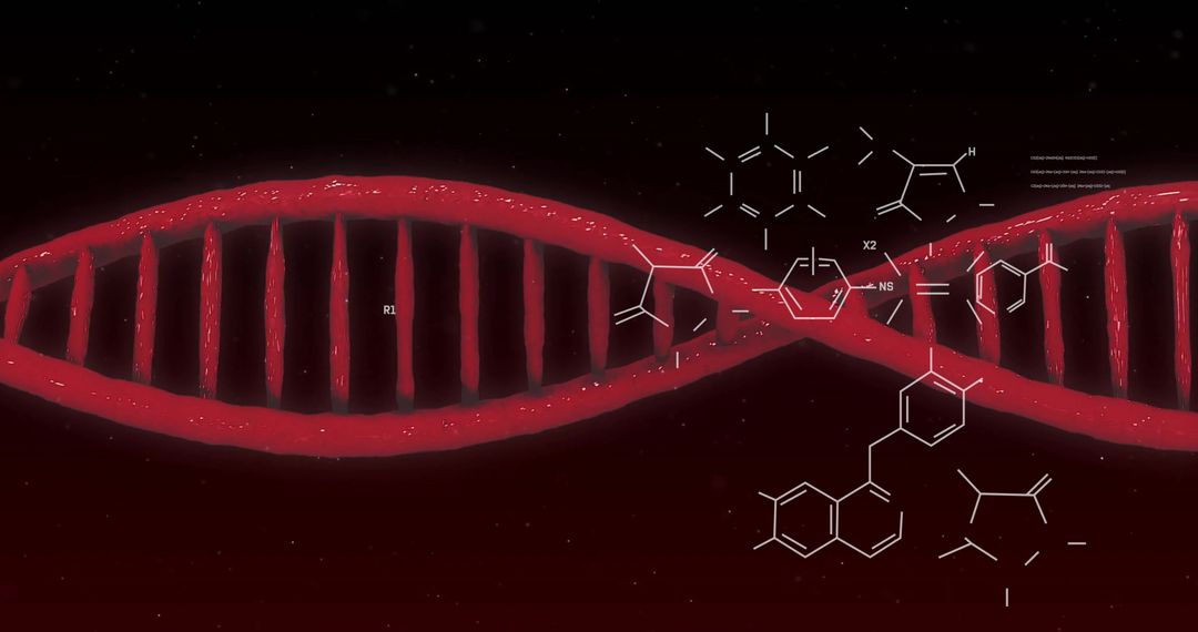 Futuristic DNA Strand and Molecular Structures on Dark Background