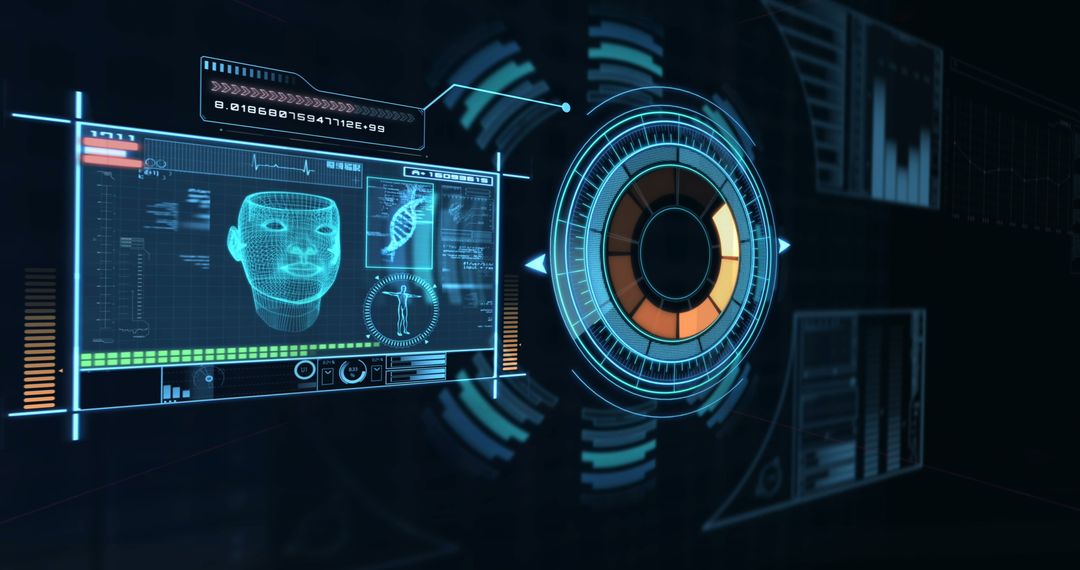 Futuristic Digital Interface with QR Code and Biometrics