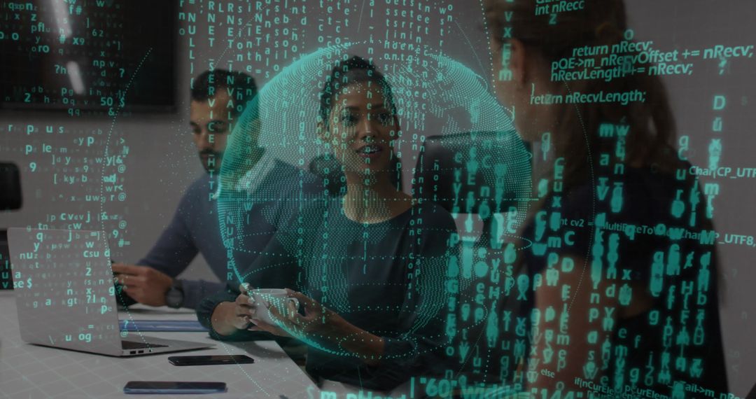 Digital Globe with Team in Modern Office Discussing Data