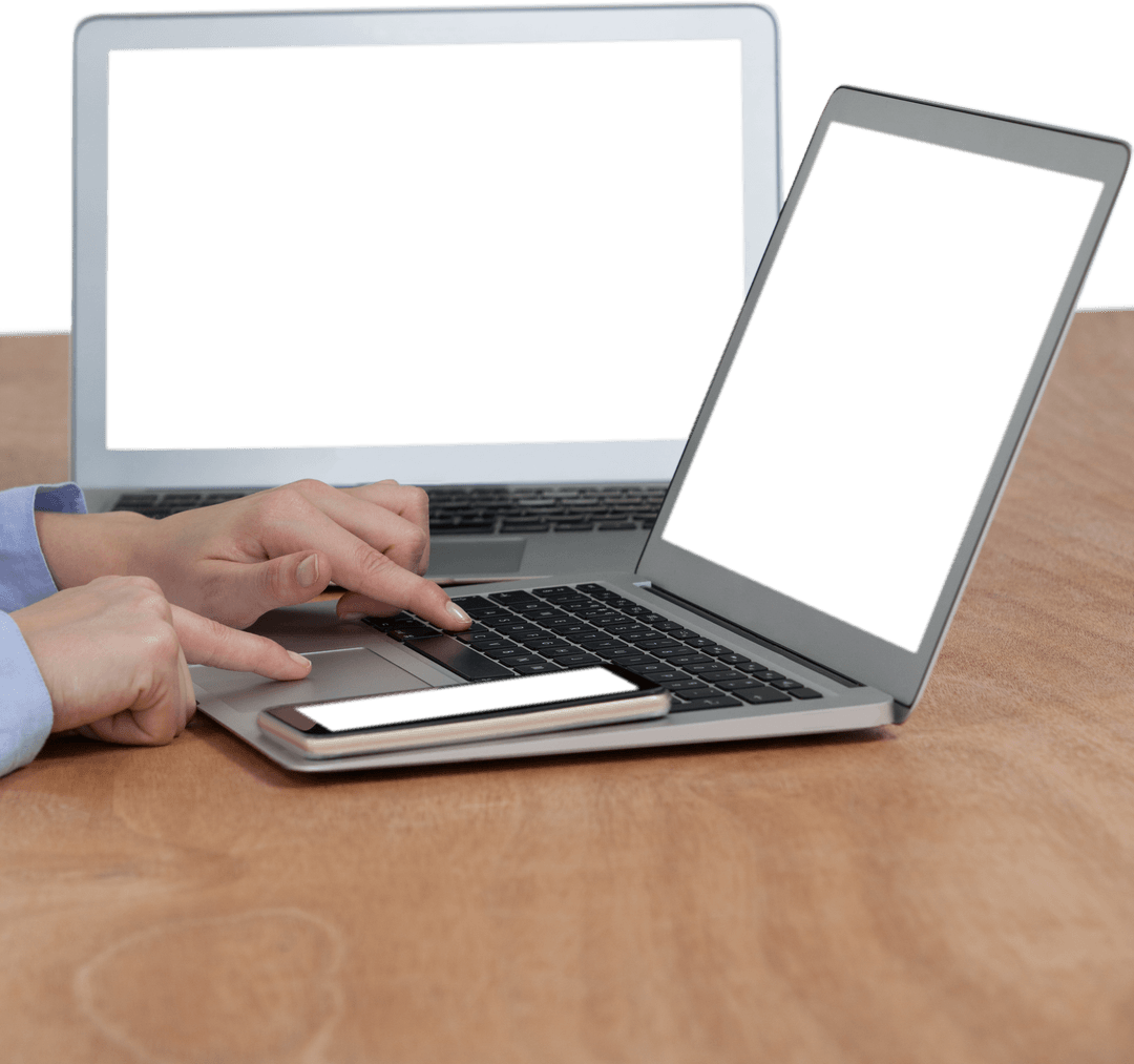 Transparent Businesswoman Using Laptop with Blank Black Screens