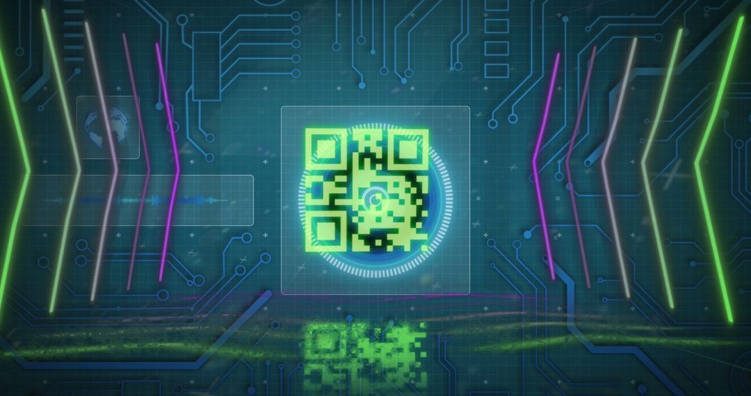 Futuristic QR Code Hologram on Electronic Circuit Background