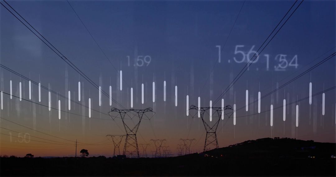Power Transmission Towers with Data Overlay at Sunset