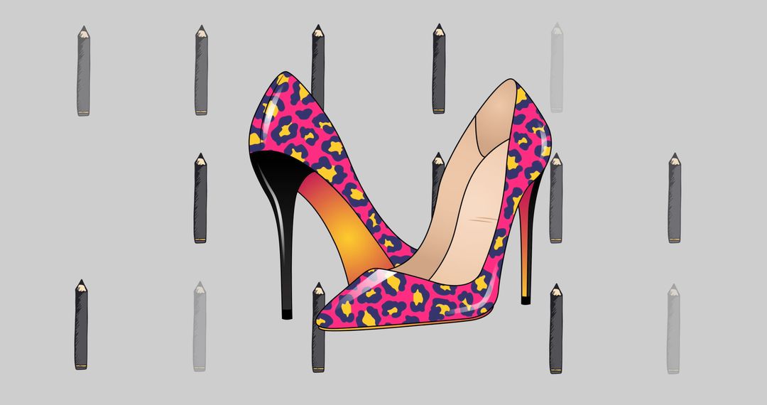 Vibrant Leopard Print High Heels with Pencil Accents on Gray Background - Free Images, Stock Photos and Pictures on Pikwizard.com