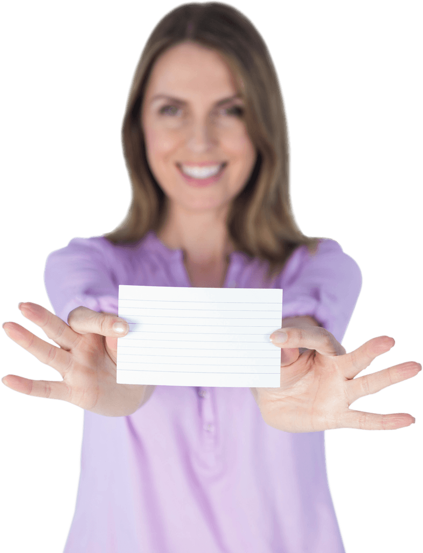 Smiling Woman Holding Blank Transparent Card Forward