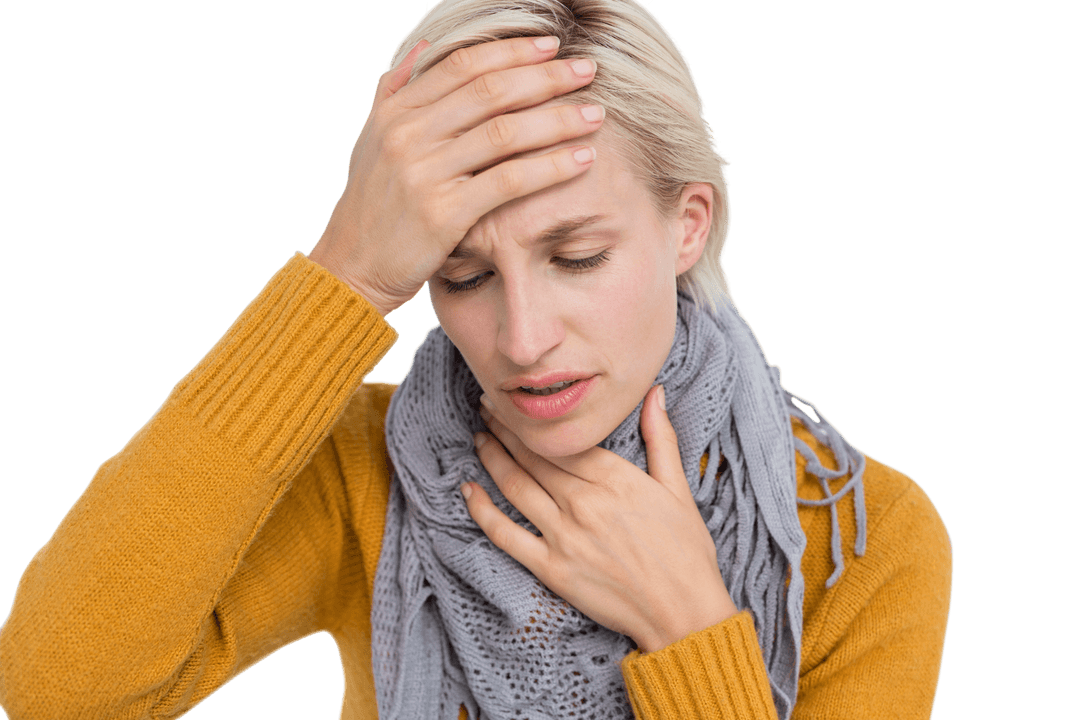 Transparent Person Experiencing Headache Holding Forehead While Wearing Scarf