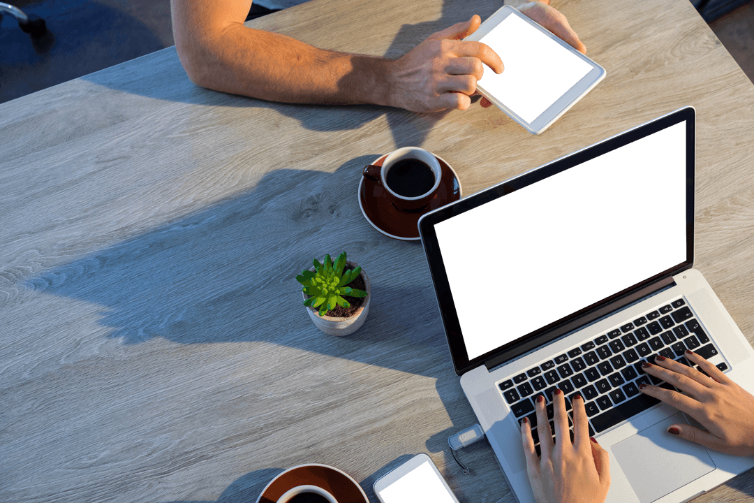 Transparent Devices Display Laptop and Tablet in Office Meeting