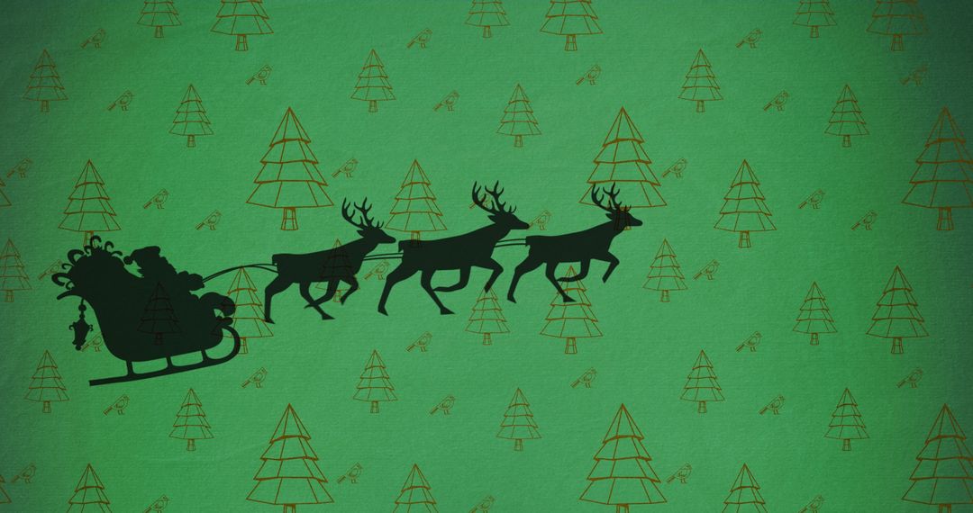 Silhouette of Santa's Sleigh and Reindeers on Green Xmas Background