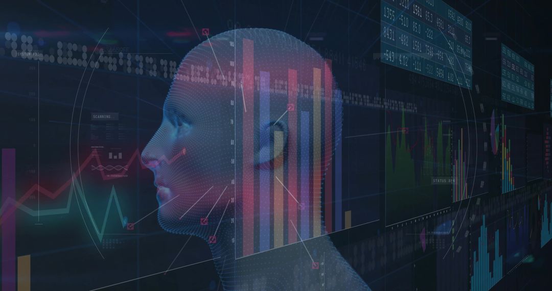 Futuristic Mesh Head with Data Visualization in Digital Space