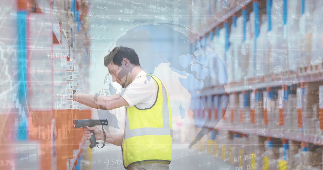 Warehouse Worker Processing Orders with Futuristic Digital Overlay
