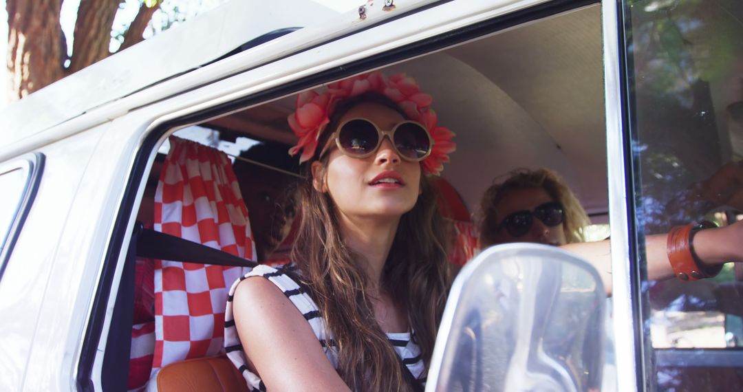 A stylish woman in a vintage van embodies summer vibes, hinting at travel or festivals. - Free Images, Stock Photos and Pictures on Pikwizard.com