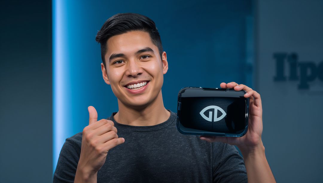 Smiling presenter holding handheld VR headset in studio with LED strip lighting while demoing gadget