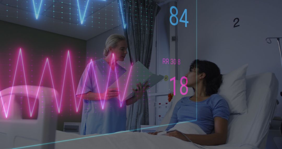 Heart Rate Monitor Displaying Vital Signs in Hospital Room with Doctor and Patient
