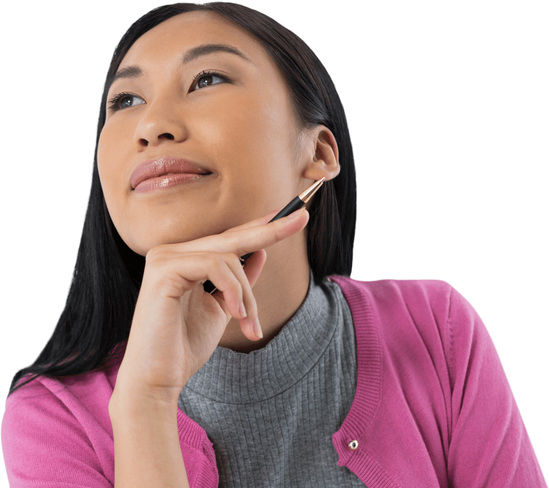Happy Asian Woman Contemplating with Pen on Transparent Background