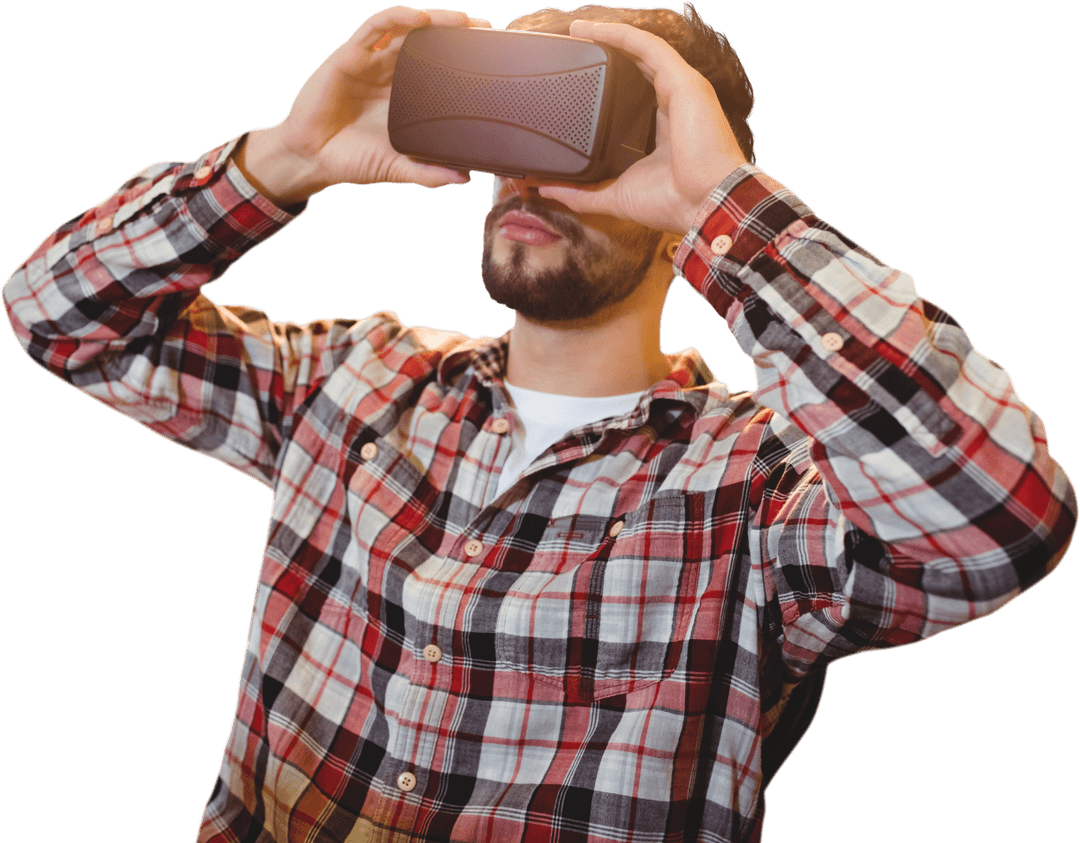 Caucasian Professional in Plaid Shirt Using VR Headset Transparent Background