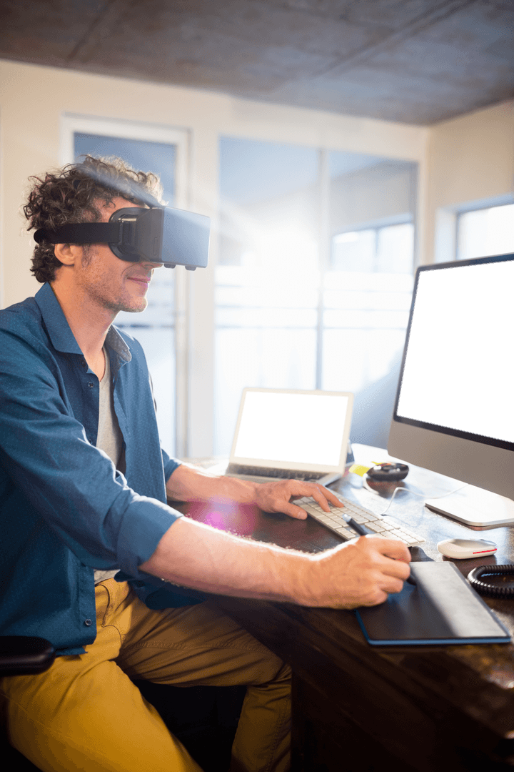 Transparent Background of Businessman Using VR Headset in Office