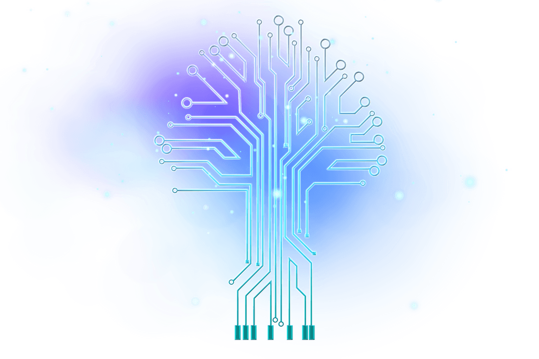 Futuristic Circuit Tree with Glowing Elements on Transparent Background