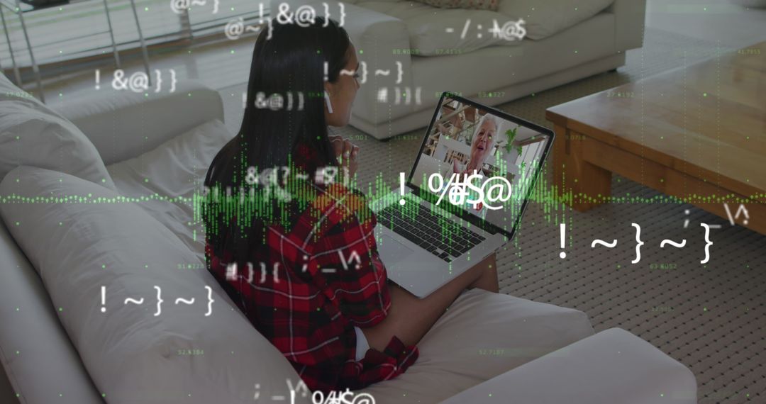 Woman Engaged in Virtual Meeting Holographic Code Overlay