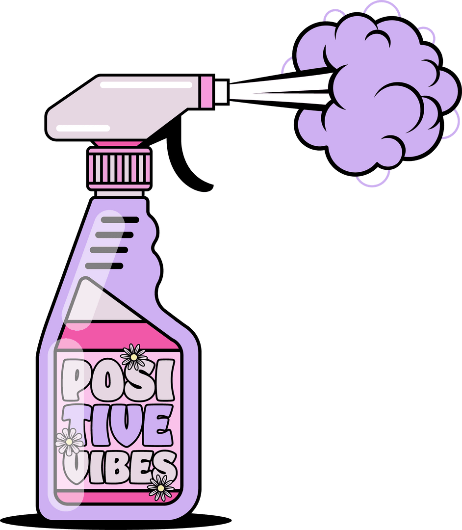 Cartoon Spray Bottle Releasing Positive Vibes with Transparent Background