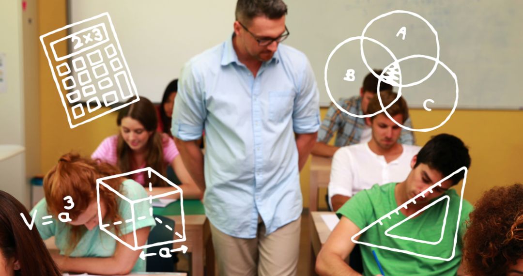 Teacher Observing Students in Classroom with Math Illustrations