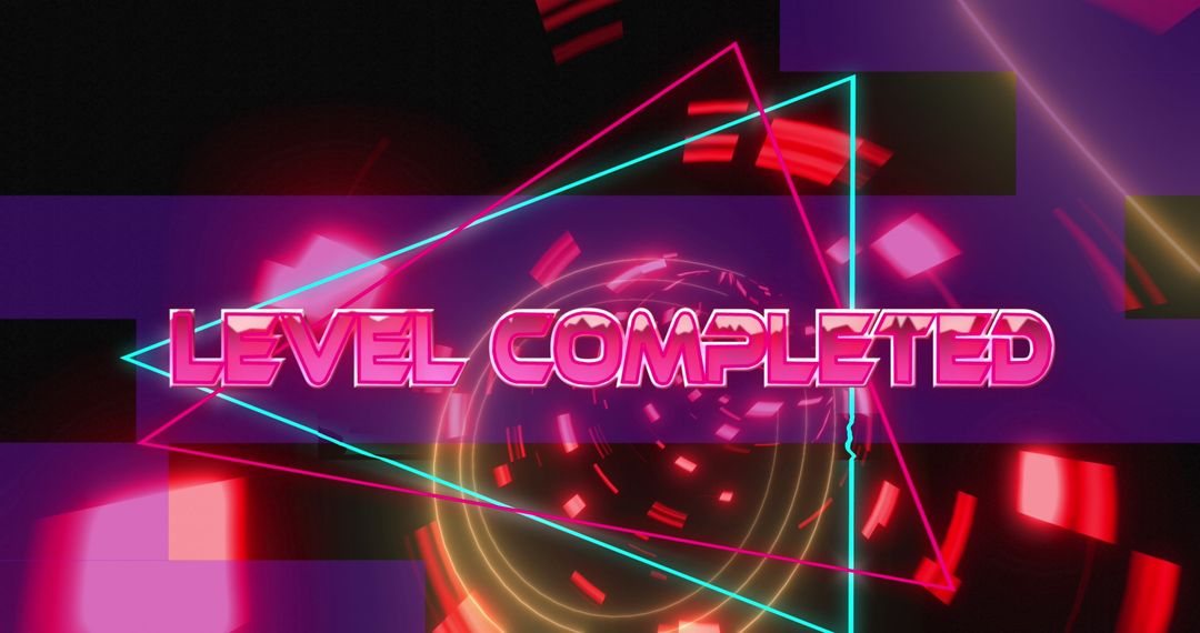 Futuristic 'Level Completed' Display with Neon Tunnel Background