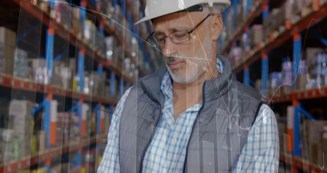 Warehouse Worker with Data Overlay Reflecting Global Supply Chain