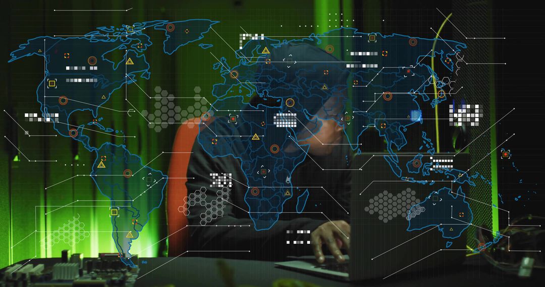Cybersecurity Analyst Profiling Global Network Threats in Futuristic Control Center