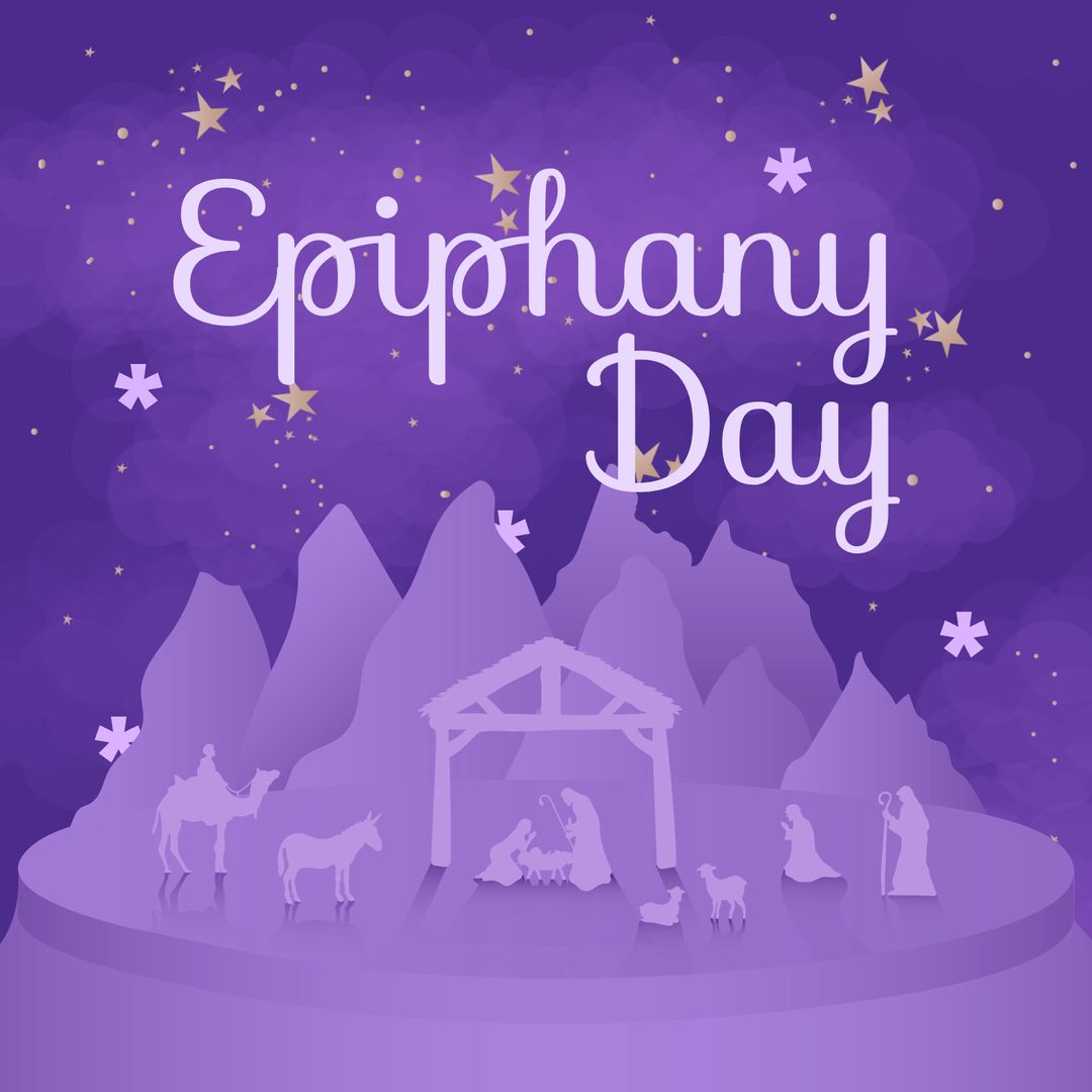 Epiphany Day Nativity Scene with Mountain Backdrop and Stars