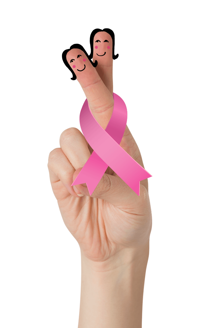 Joyful Fingers Painted with Pink Ribbon on Transparent Background