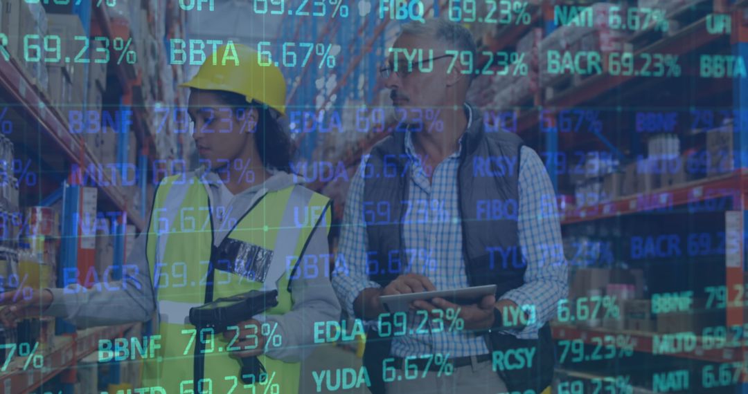 Global Shipping Metrics Over Workers in Warehouse Scene