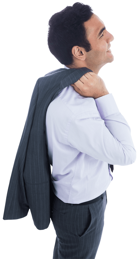 Happy Biracial Businessman Smiling with Jacket on Shoulder Transparent Background