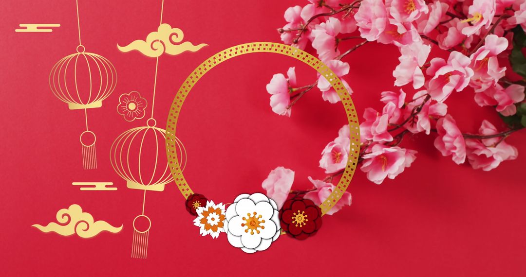 Chinese New Year Lanterns and Cherry Blossoms on Red Background