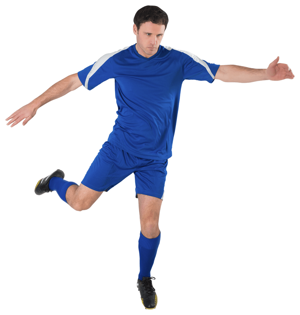 Dynamic Soccer Player in Blue Kit Kicking on Transparent Background