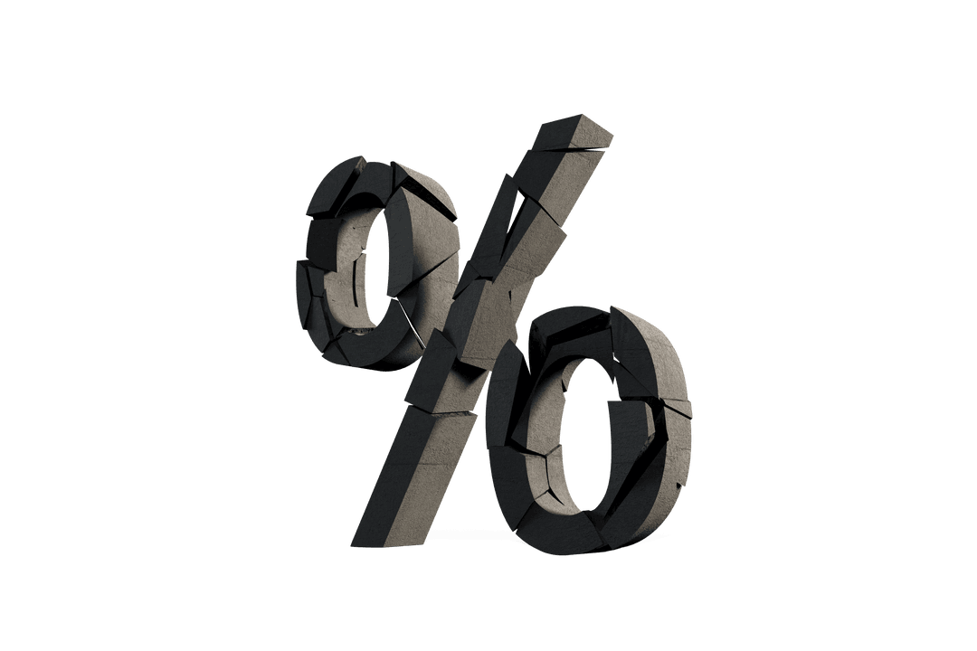 Transparent 3D Percent Symbol Made of Black Textured Fragments
