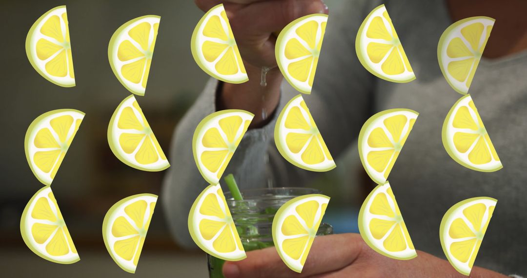 Creative Lemon Overlay on Woman Preparing Healthy Drink