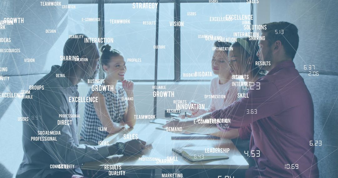 Diverse Business Team Discussing Ideas with Technology Overlay