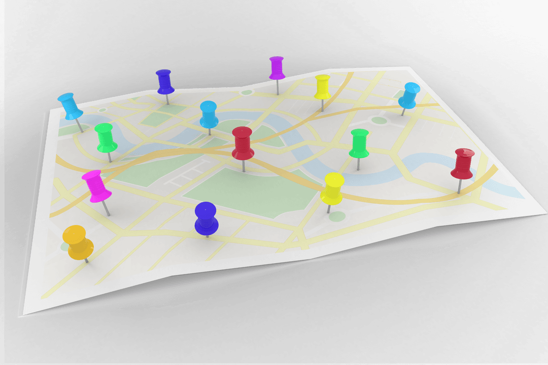 Colored Push Pins on Map Illustration with Transparent Background