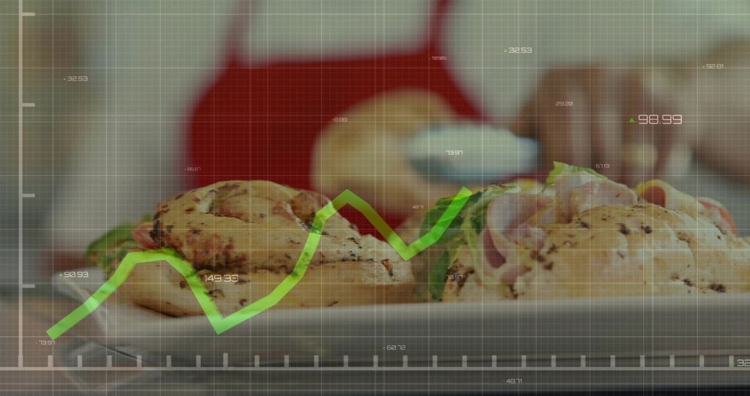 Chef Spreading Cream Cheese on Grilled Bagels with Data Overlay