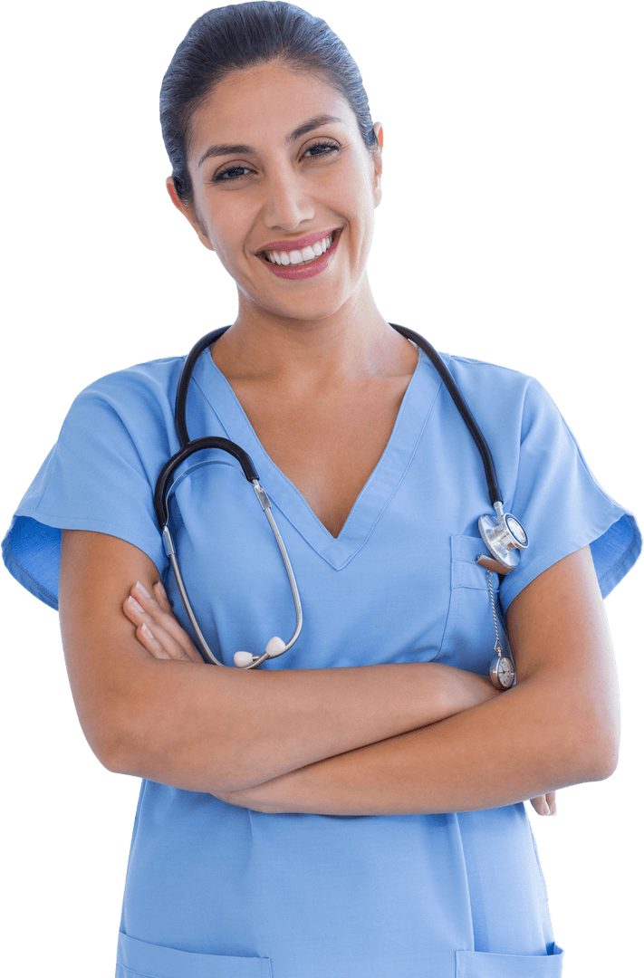 Transparent Smiling Nurse Wearing Blue Scrubs with Stethoscope