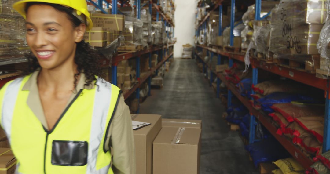 Smiling Warehouse Worker in Reflective Vest Walking Through Warehouse Aisle - Free Images, Stock Photos and Pictures on Pikwizard.com